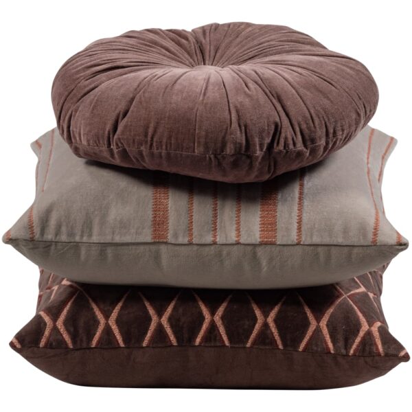 Coussins WOOOD Aziz marron, deux carrés et un coussin rond en coton