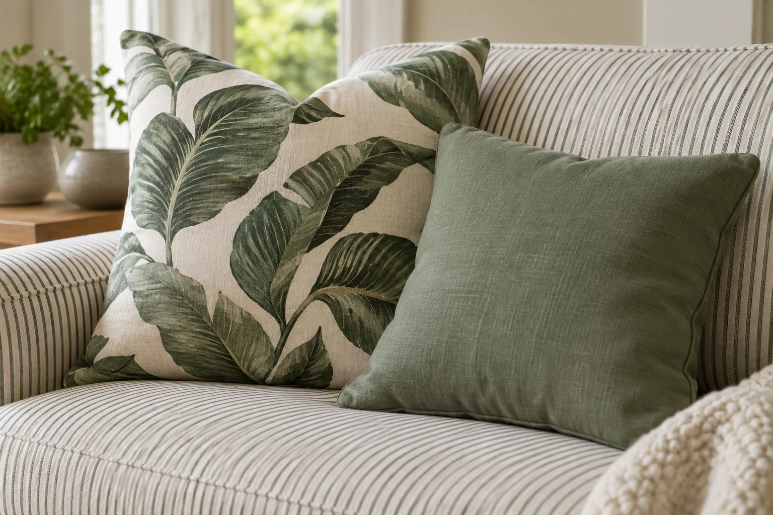 Un coussin à grandes feuilles posé devant un canapé à fines rayures, accompagné d’un coussin uni vert.