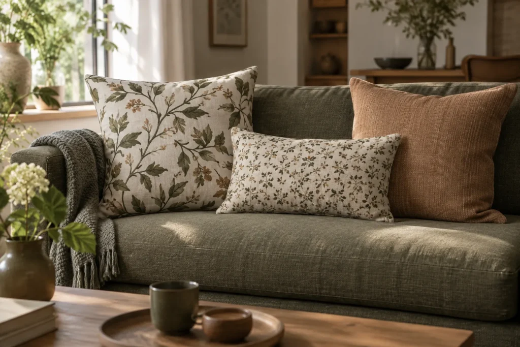 Trois coussins aux motifs floraux de tailles différentes posés sur un canapé uni, avec un coussin texturé sans motif.